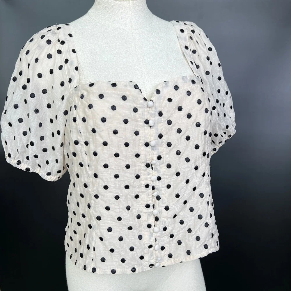 Madewell‎ Womens Polka Dot Button Front Puff Sleeve Top Cream Black Size 14 boho